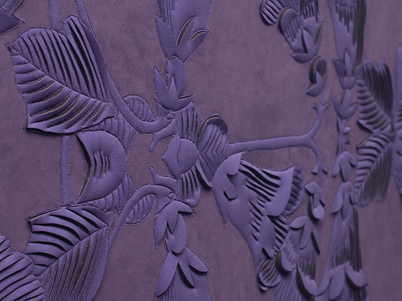 Detail of Linnaea Borealis hand-sculpted artwork by Helen Amy Murray in purple faux suede with silk crepe satin appliqué