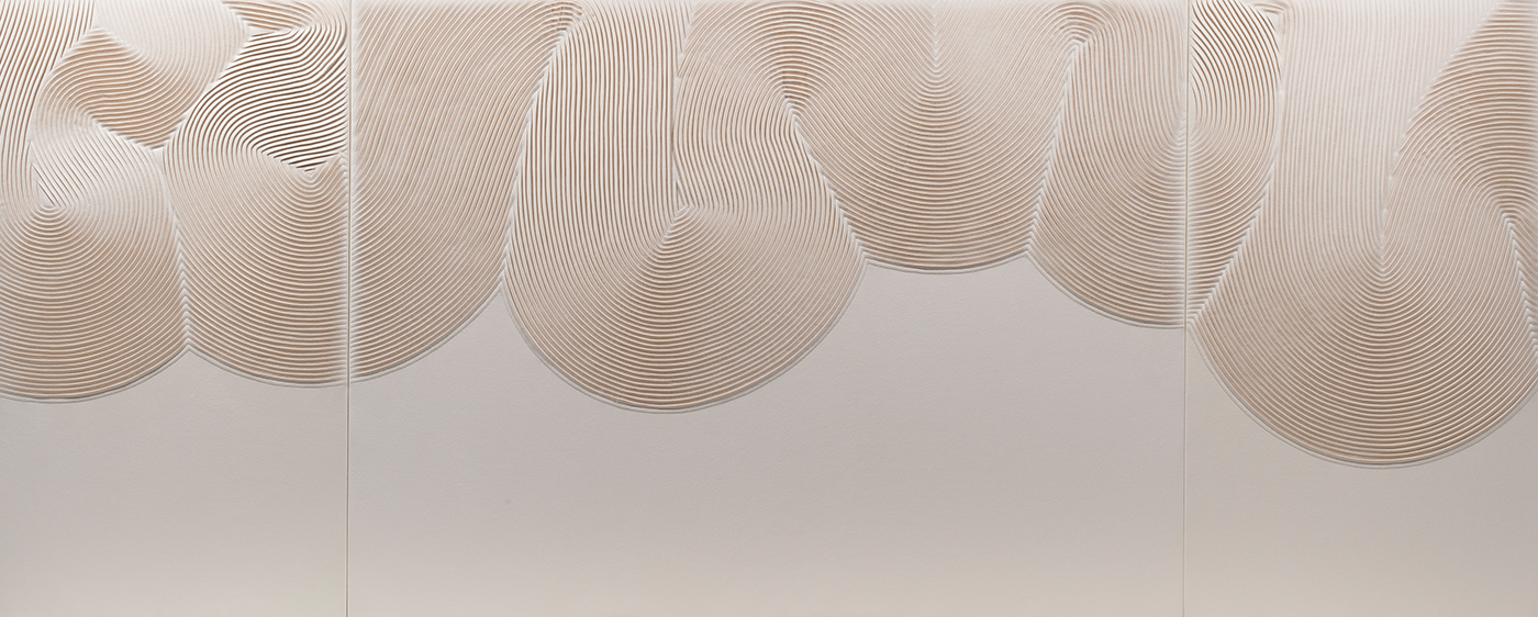 Bubble Swirl artwork by Helen Amy Murray, in three panels with hand-sculpted linear detailing in ivory faux suede