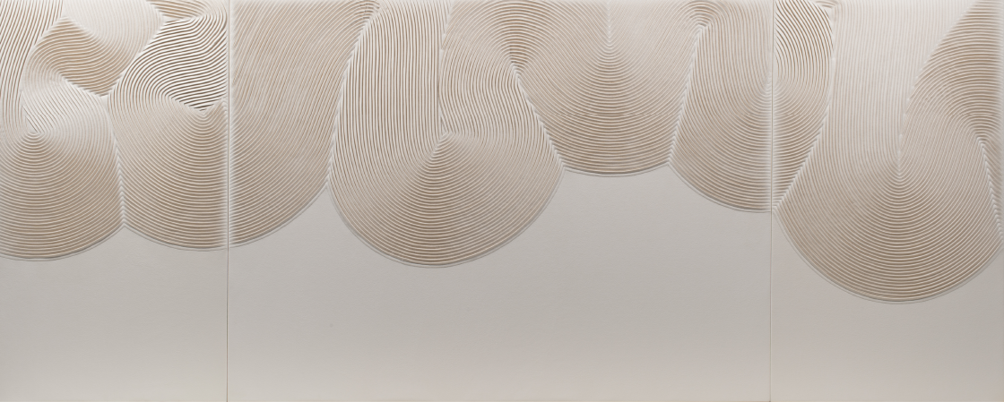 Bubble Swirl artwork by Helen Amy Murray, in three panels with hand-sculpted linear detailing in ivory faux suede