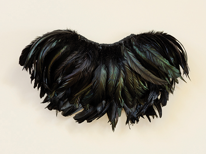 Photograph of a vintage feather neckpiece with iridescent black feathers on a cream background