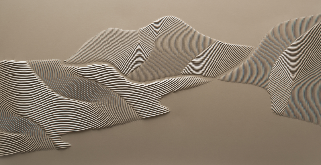 Coastline artwork by Helen Amy Murray, hand-sculpted in pearl cream faux leather inspired by Half Moon Bay in California