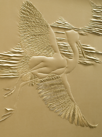 Detail of hand-sculpted gold faux suede artwork by Helen Amy Murray featuring cranes and clouds in a gold wooden frame