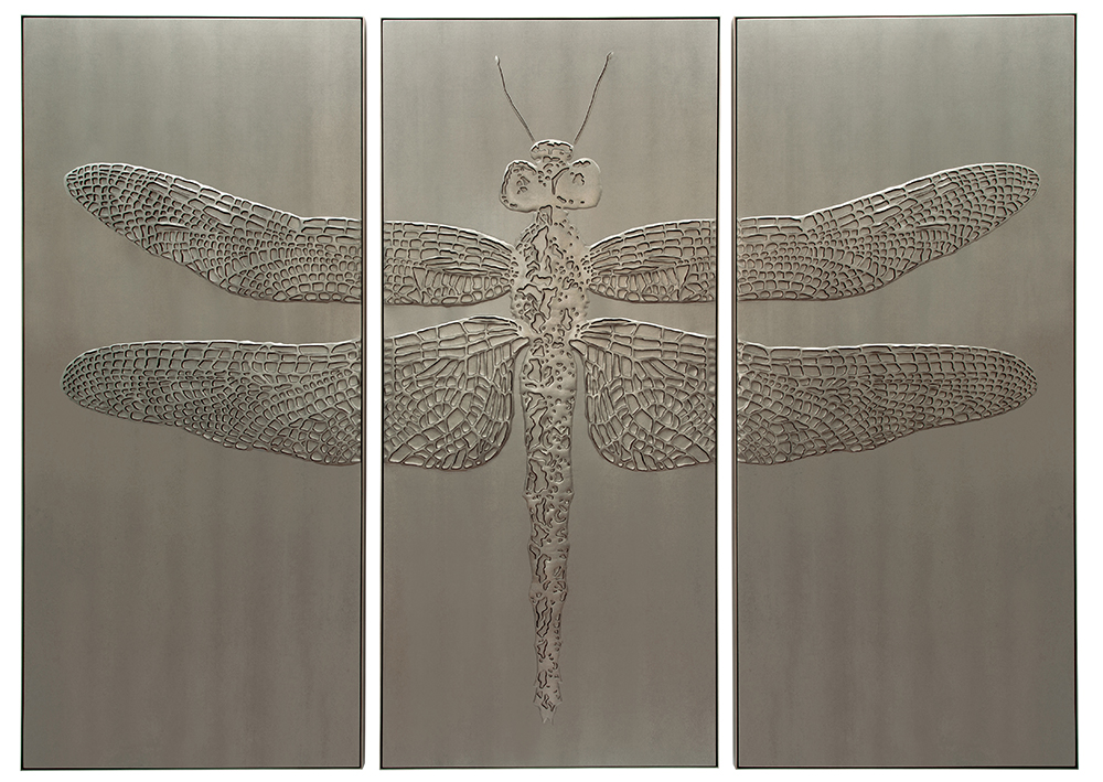 Hand-sculpted dragonfly triptych artwork in a steel colour shagreen textured faux leather and matching colour aluminium frame