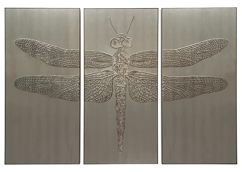 Hand-sculpted dragonfly triptych artwork in a steel colour shagreen textured faux leather and matching colour aluminium frame