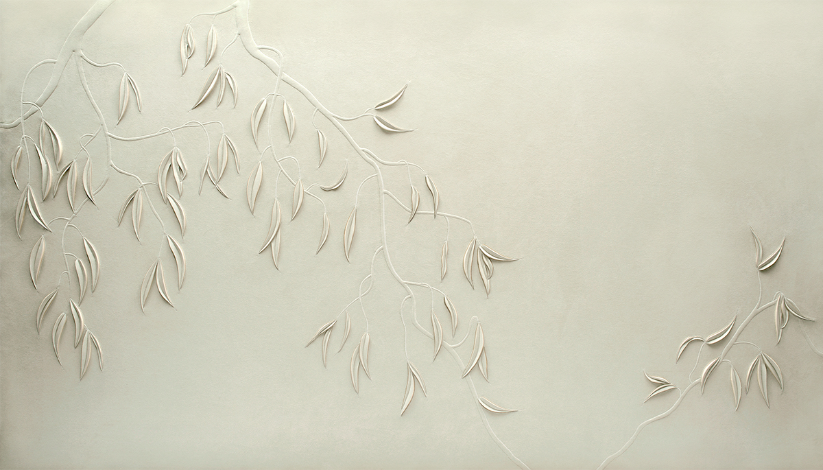 Hand-sculpted Eucalyptus artwork by Helen Amy Murray showing the branch of a eucalyptus tree in grey faux suede