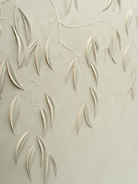 Detail of Eucalyptus artwork by Helen Amy Murray showing branches and leaves, hand-sculpted in grey faux suede