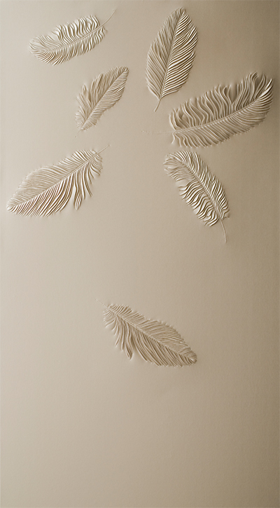 Hand-sculpted artwork by Helen Amy Murray with seven falling feathers in cream faux leather