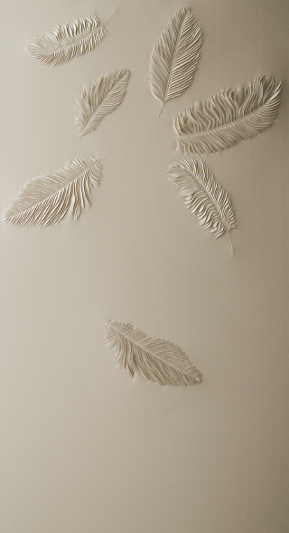 Hand-sculpted artwork by Helen Amy Murray with seven falling feathers in cream faux leather