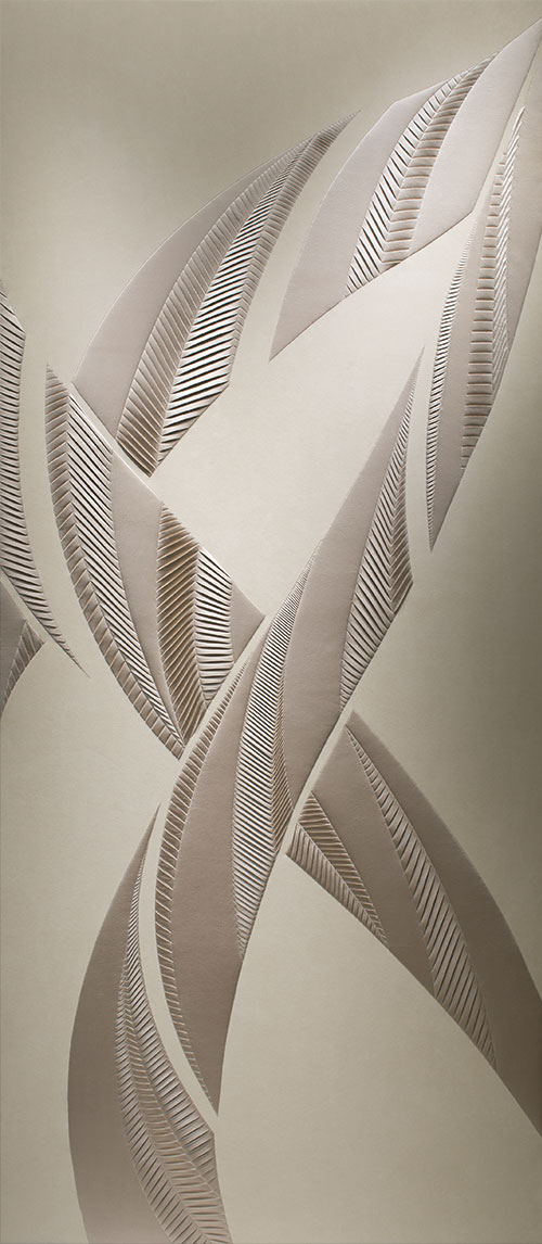 Hand-sculpted artwork by Helen Amy Murray with a herringbone design in taupe faux suede with taupe colour silk crepe satin