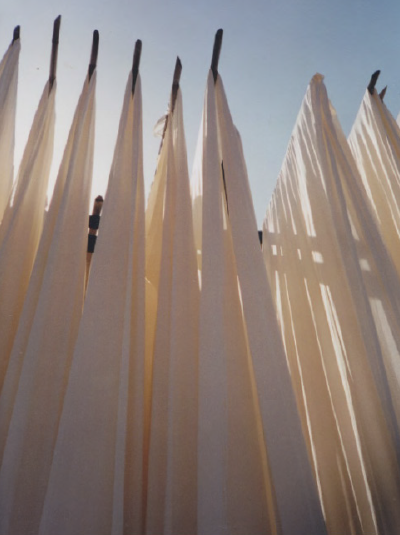 Photograph by Helen Murray of fabric drying on poles in India against a blue sky