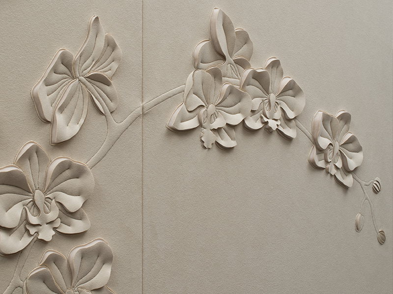 Side-view detail of Orchid hand-sculpted artwork by Helen Amy Murray in off-white faux suede
