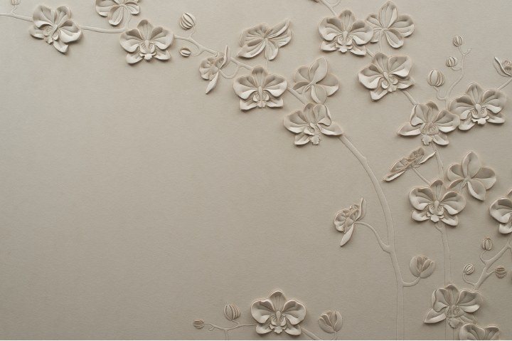 Detail of hand-sculpted Orchid artwork by Helen Amy Murray in off-white faux suede