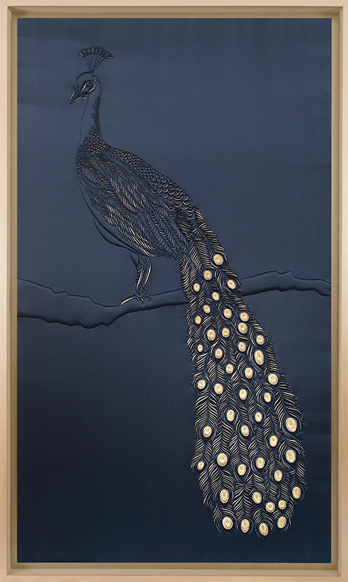 Peacock artwork by Helen Amy Murray, hand-sculpted in navy blue and gold silk crepe satin and douppion silk appliqué