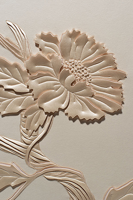 Tree of Life is an artwork by Helen Amy Murray, hand-sculpted in pale peach faux suede with blush silk crepe satin appliqué