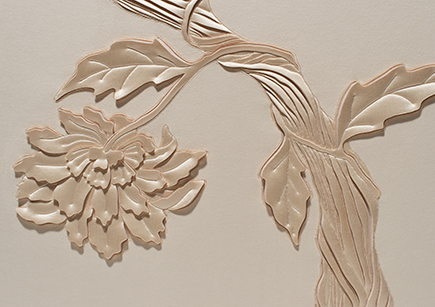Detail of Tree of Life artwork, hand-sculpted in pale peach faux suede with blush silk crepe satin appliqué
