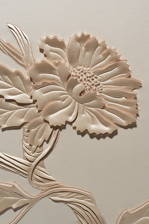 Detail of Tree of Life artwork, hand-sculpted in pale peach faux suede with blush silk crepe satin appliqué